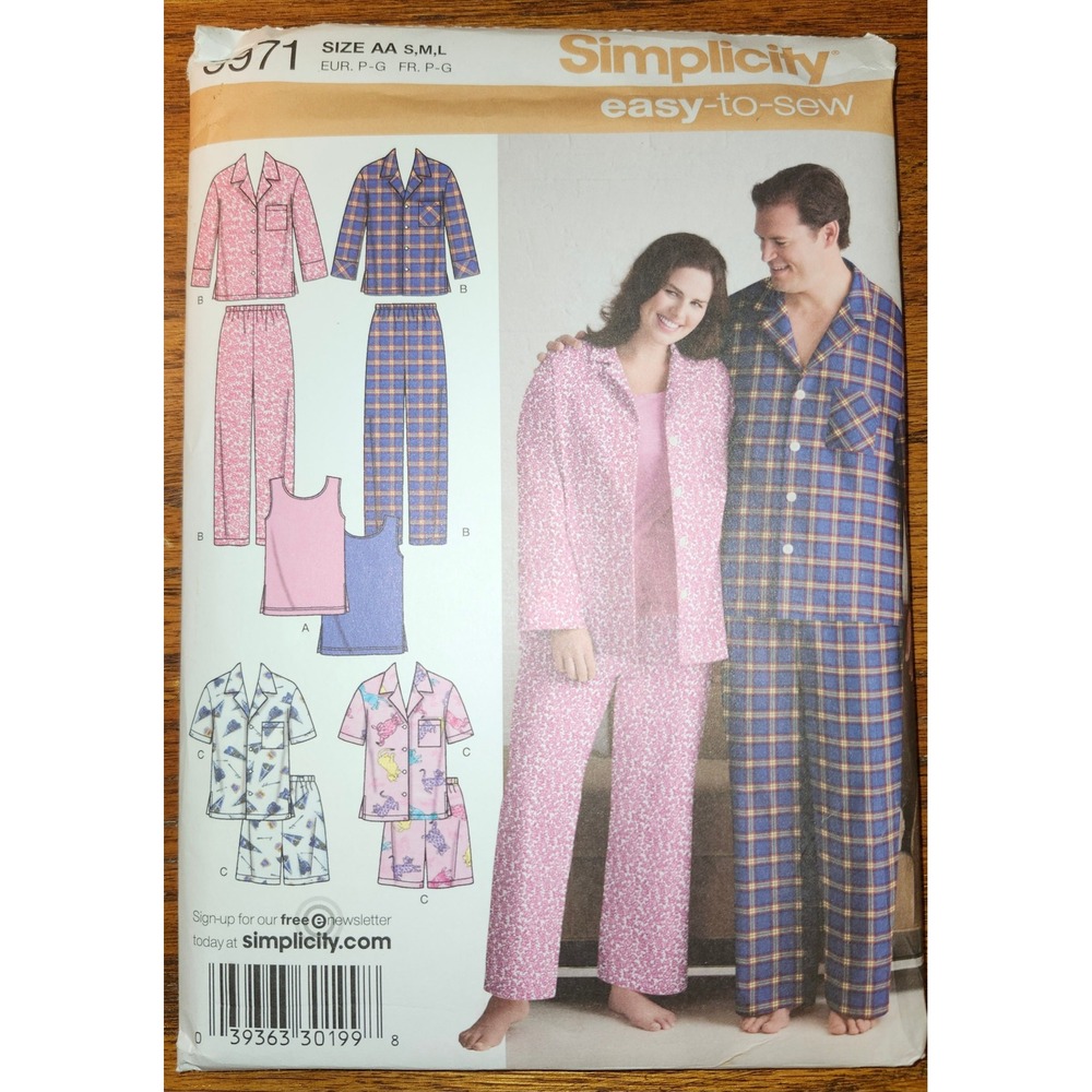 Simplicity 3971 Unisex Pajamas Sewing Pattern Size S M L Tank Top Shirt Pants